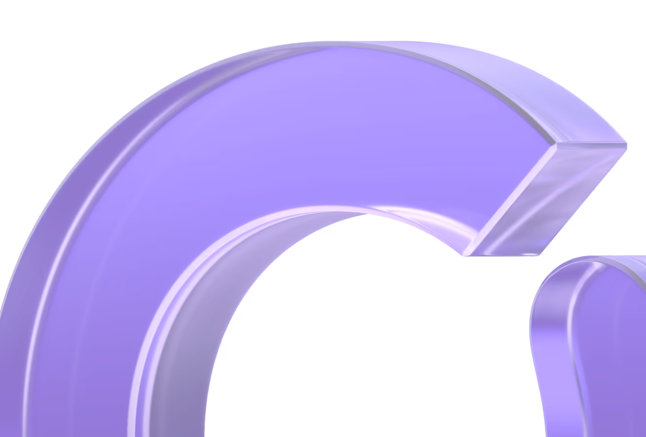 Close-up of a shiny, 3D purple curved shape with a glossy, reflective surface on a transparent background.
